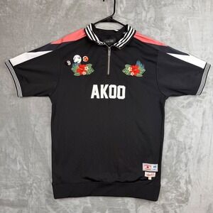 AKOO Mens XL Black Floral Embroidered Quarter Zip Short Sleeve Track Shirt